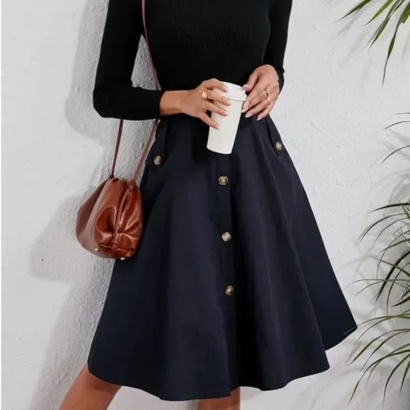 Classic Navy Button Detail Pocket Midi Skirt Work