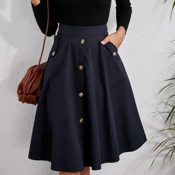 Classic Navy Button Detail Pocket Midi Skirt Work