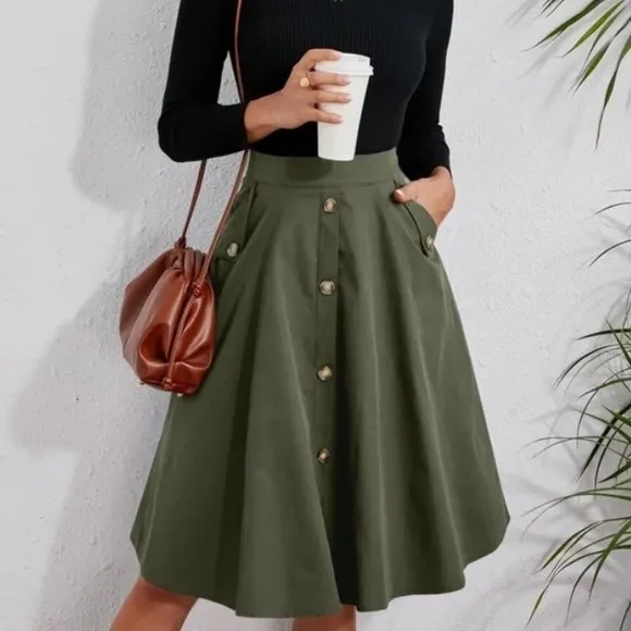 Classic Navy Button Detail Pocket Midi Skirt Work
