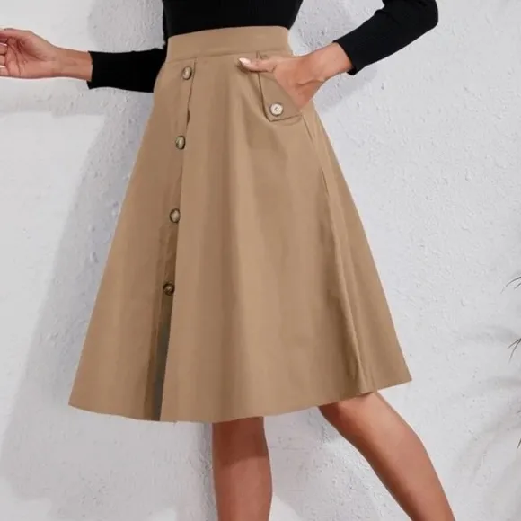 Classic Navy Button Detail Pocket Midi Skirt Work