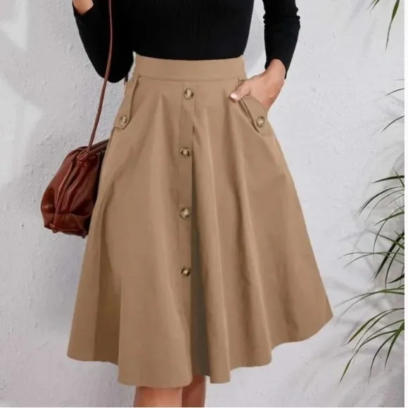 Classic Navy Button Detail Pocket Midi Skirt Work