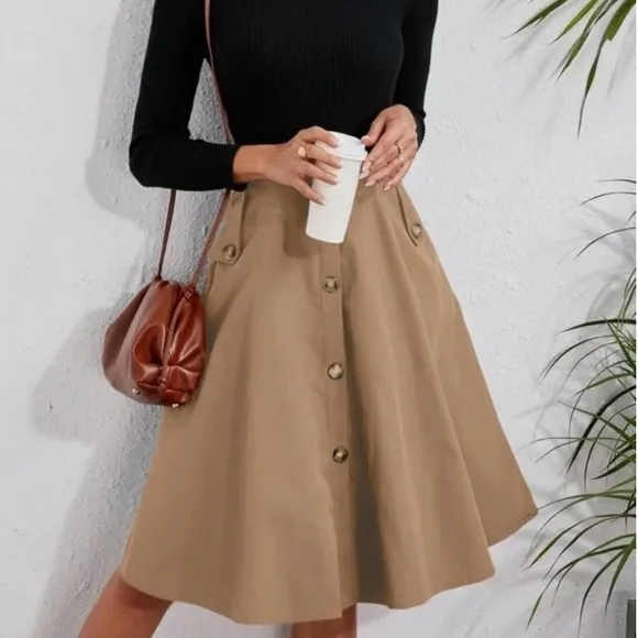 Classic Navy Button Detail Pocket Midi Skirt Work