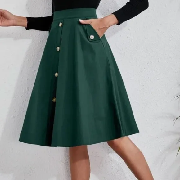 Classic Navy Button Detail Pocket Midi Skirt Work