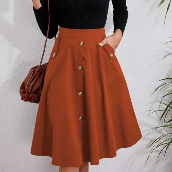 Classic Navy Button Detail Pocket Midi Skirt Work