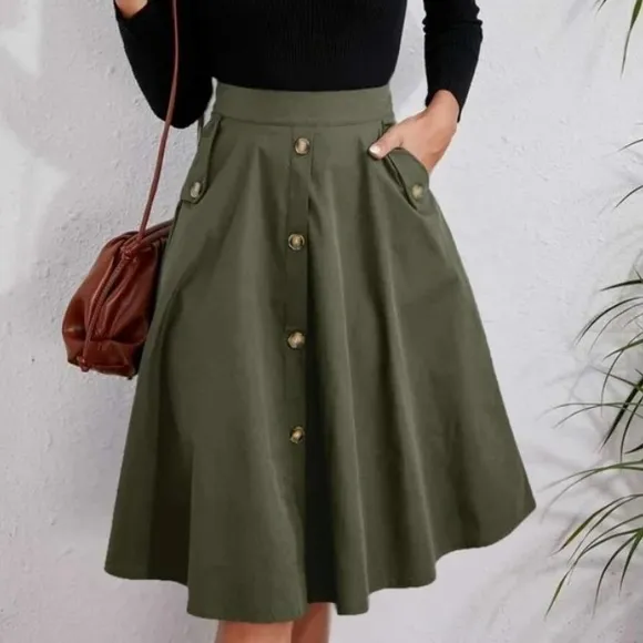 Classic Navy Button Detail Pocket Midi Skirt Work