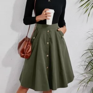 Classic Olive Green Button Detail Pocket Midi Skirt