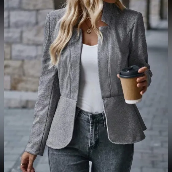 Classic open front herringbone coat