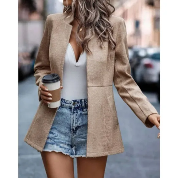 Classic Tan Herringbone Blazer Jacket Coat
