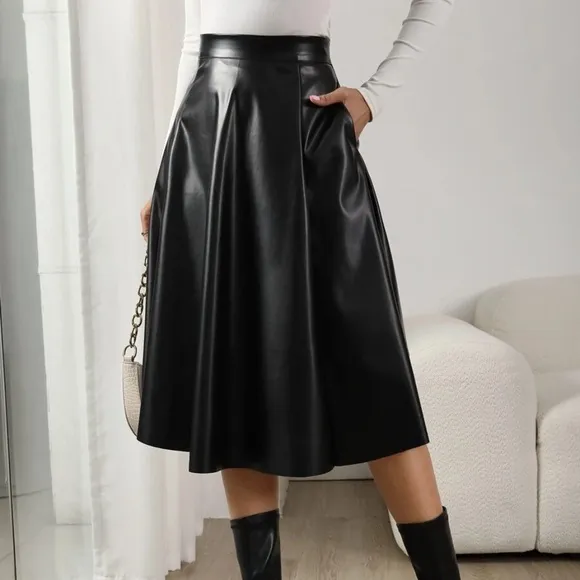 Classic Vegan Leather Pocket Midi Skirt