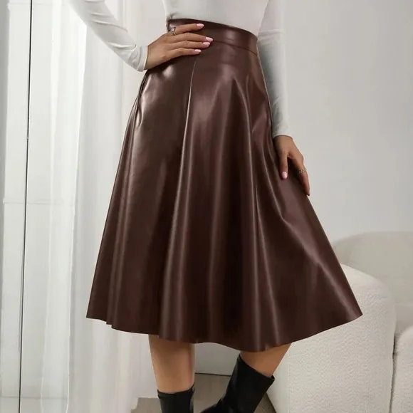 Classic Vegan Leather Pocket Midi Skirt