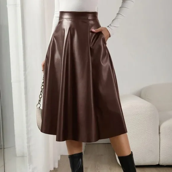 Classic Vegan Leather Pocket Midi Skirt