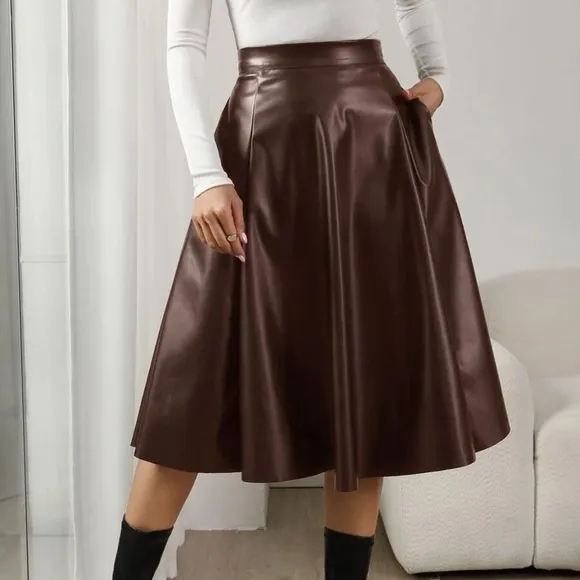 Classic Vegan Leather Pocket Midi Skirt