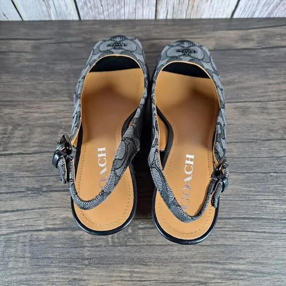 Coach Ferry Sig Jacquard Calf Slingback Wedge Sandals Black Women's Sz 7 B (NIB)