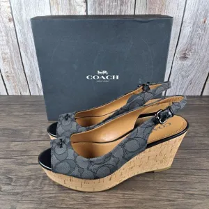 Coach Ferry Sig Jacquard Calf Slingback Wedge Sandals Black Women's Sz 7 B (NIB)