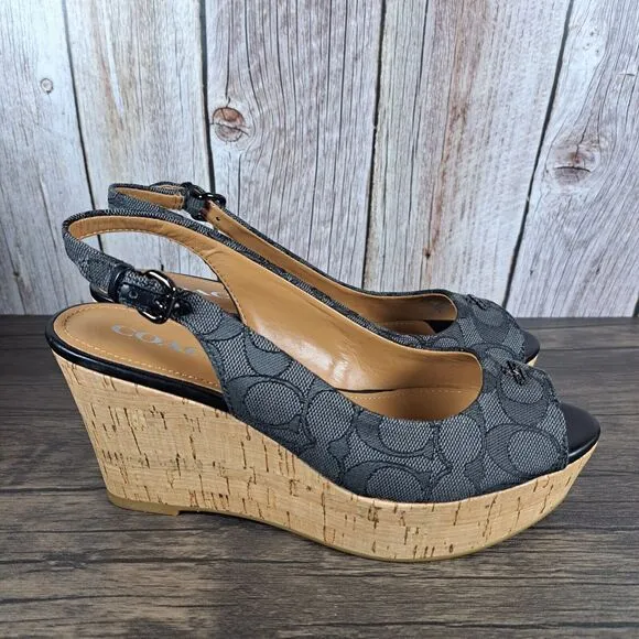 Coach Ferry Sig Jacquard Calf Slingback Wedge Sandals Black Women's Sz 7 B (NIB)