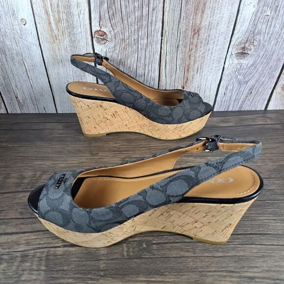 Coach Ferry Sig Jacquard Calf Slingback Wedge Sandals Black Women's Sz 7 B (NIB)