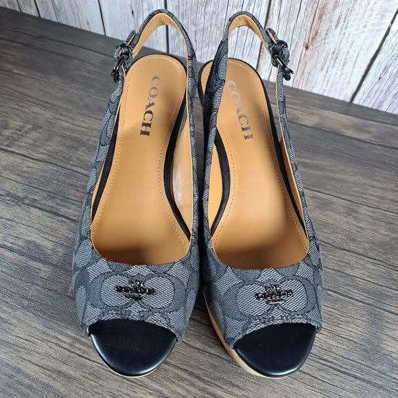 Coach Ferry Sig Jacquard Calf Slingback Wedge Sandals Black Women's Sz 7 B (NIB)