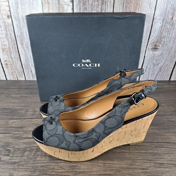 Coach Ferry Sig Jacquard Calf Slingback Wedge Sandals Black Women's Sz 7 B (NIB)