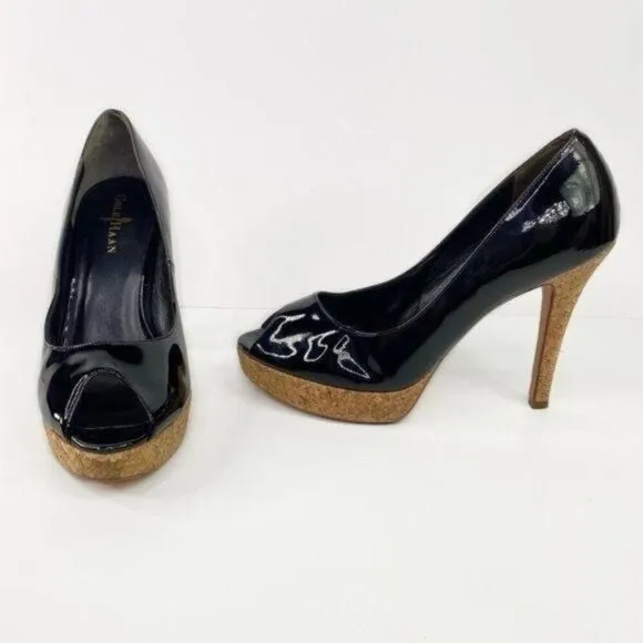 COLE HAAN Black Patent Leather Cork Platform Peep Toe Heels 9