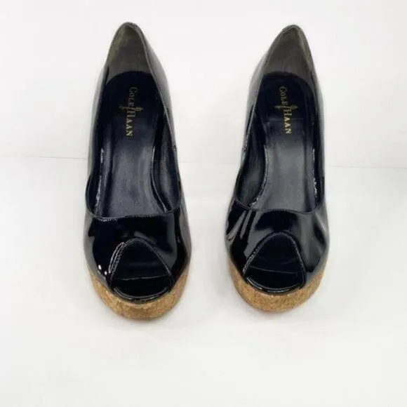 COLE HAAN Black Patent Leather Cork Platform Peep Toe Heels 9