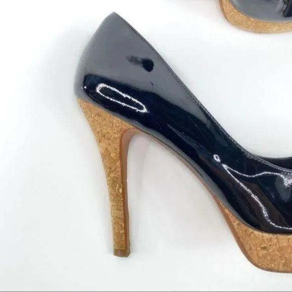 COLE HAAN Black Patent Leather Cork Platform Peep Toe Heels 9