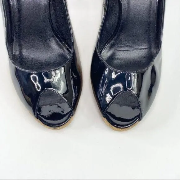 COLE HAAN Black Patent Leather Cork Platform Peep Toe Heels 9