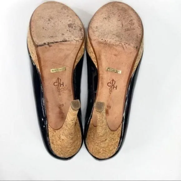 COLE HAAN Black Patent Leather Cork Platform Peep Toe Heels 9