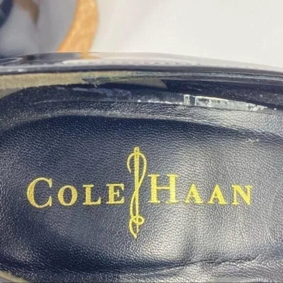 COLE HAAN Black Patent Leather Cork Platform Peep Toe Heels 9