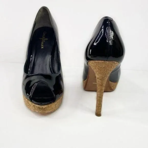 COLE HAAN Black Patent Leather Cork Platform Peep Toe Heels 9