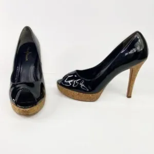 COLE HAAN Black Patent Leather Cork Platform Peep Toe Heels 9