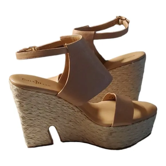 Cole Haan Espadrille Wedge Sandals‎ sz8-B Tan Leather Platform Air Tech Arden