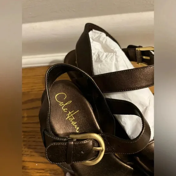 Cole Haan Leather Buckle Strappy Platform Wedge Shoes NWOT