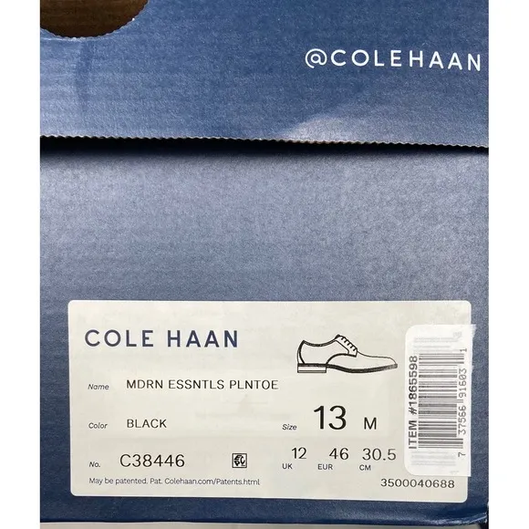 Cole Haan Modern Essentials Plain Toe Black Leather Dress Shoes Size 13M C38446
