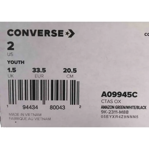 CONVERSE ALL STAR Amazon Green Canvas Low Top Sneakers Youth Size 2 - 20.5 CM