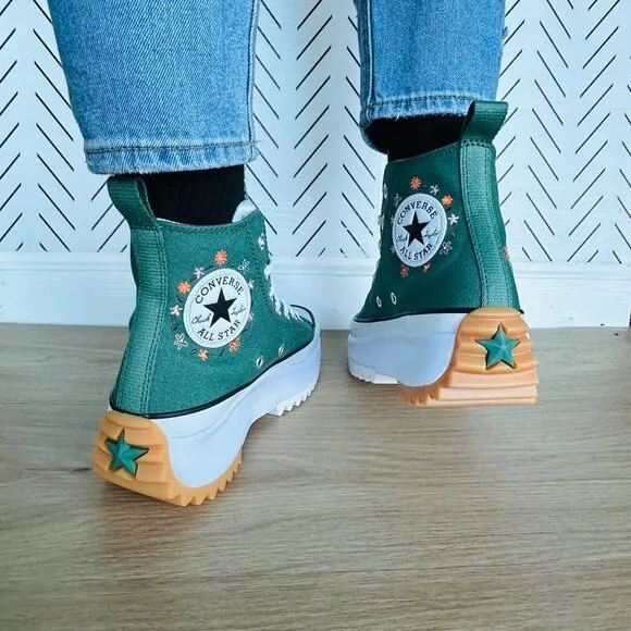 ⭐Converse Run Star Hike Hi Sz 6.5 Women Shoes Embroidered Flowers Green A11562C