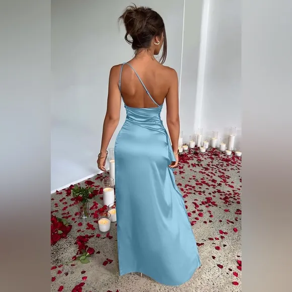 COPY - Sexy Blue Dress Satin One Shoulder Backless Maxi Dress Side High Split