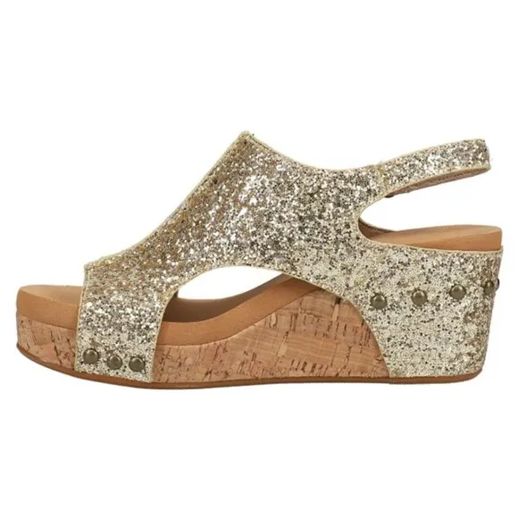 CORKYS Carley Glitter Peep Toe Wedge Sandals Gold 7-11 NWT