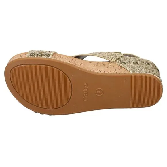 CORKYS Carley Glitter Peep Toe Wedge Sandals Gold 7-11 NWT
