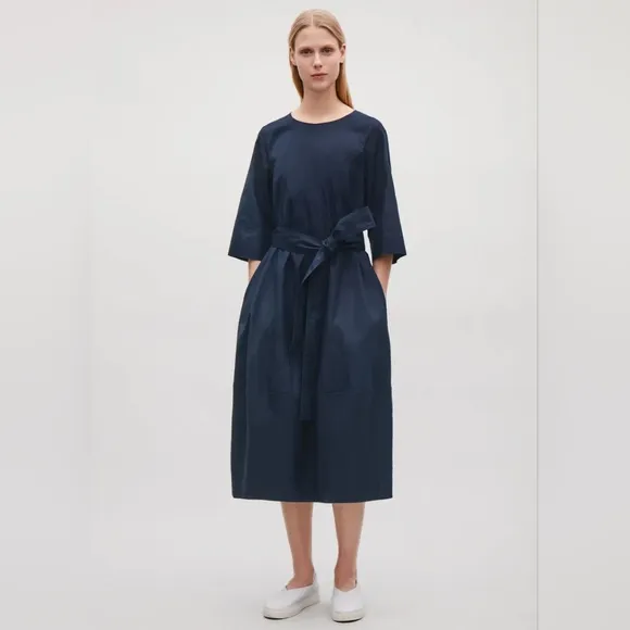COS Sculpted Cotton Belted Pocket Midi Modern Dress
