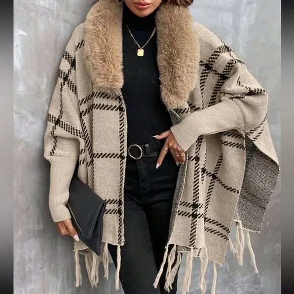 Cozy Vegan Fur Plaid Tassel Hem Classic Cardigan