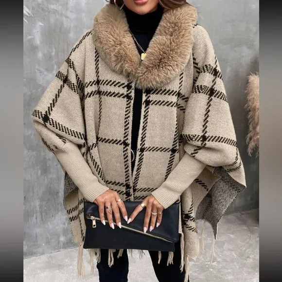 Cozy Vegan Fur Plaid Tassel Hem Classic Cardigan