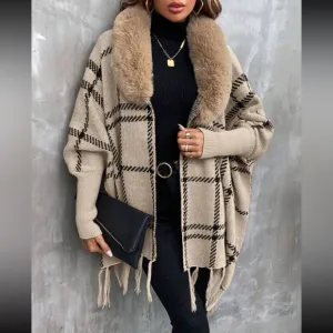 Cozy Vegan Fur Plaid Tassel Hem Classic Cardigan