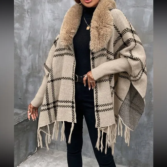 Cozy Vegan Fur Plaid Tassel Hem Classic Cardigan