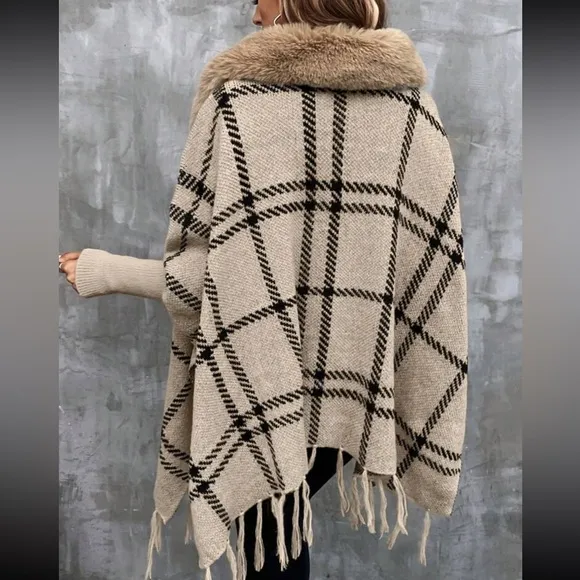 Cozy Vegan Fur Plaid Tassel Hem Classic Cardigan