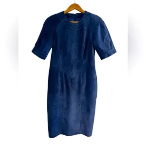 Danier Deep Blue Suede Leather Sheath Midi Dress Modern Western Old Money