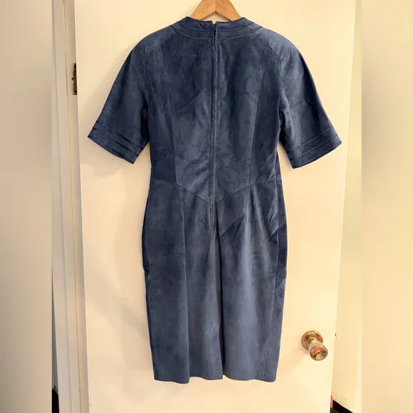 Danier Deep Blue Suede Leather Sheath Midi Dress Modern Western Old Money