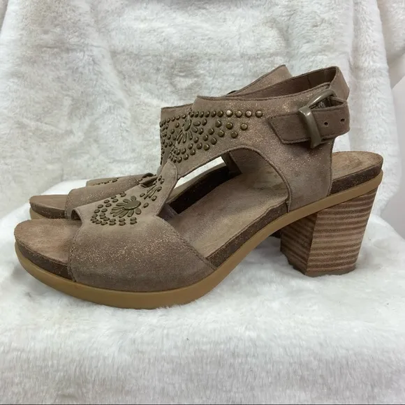 Dansko Deandra taupe shimmer suede studded block heel sandals. Size 40/9.5/10