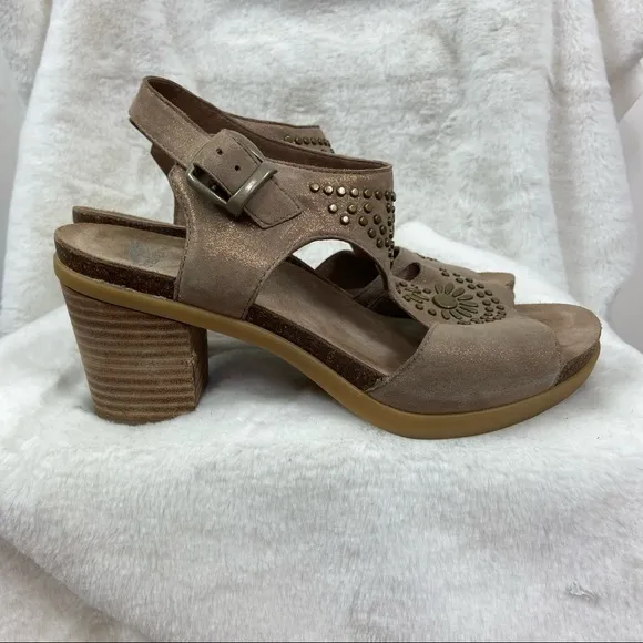 Dansko Deandra taupe shimmer suede studded block heel sandals. Size 40/9.5/10
