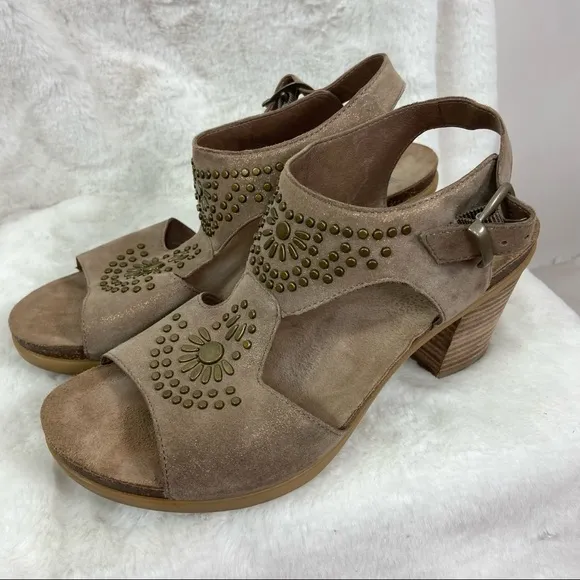 Dansko Deandra taupe shimmer suede studded block heel sandals. Size 40/9.5/10