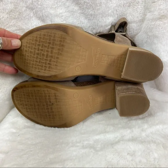 Dansko Deandra taupe shimmer suede studded block heel sandals. Size 40/9.5/10